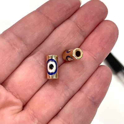 24Kt Gold Plated 12x6mm Evil Eye Navy Enamelled Tube Spacers, 2 pcs in a pack£2.5