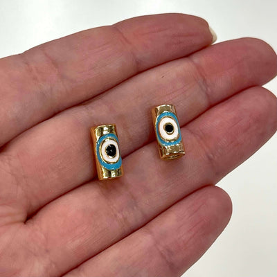 24Kt Gold Plated 12x6mm Evil Eye Turquoise Enamelled Tube Spacers, 2 pcs in a pack£2.5