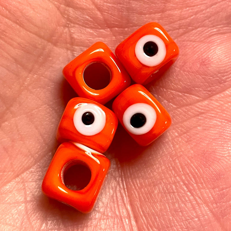 Orange-Hand Made Large Hole Murano Glass Evil Eye Beads, 5 Pcs in a pack