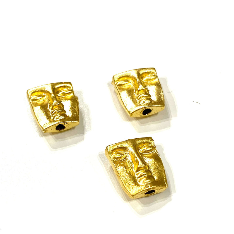 24Kt Matte Gold Plated Brass Face Charms, Double Sided Gold Face Spacers,3 pcs in a pack