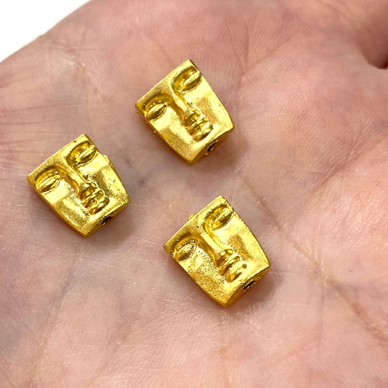 24Kt Matte Gold Plated Brass Face Charms, Double Sided Gold Face Spacers,3 pcs in a pack