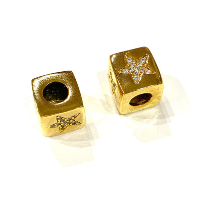 24Kt Gold Plated Brass 10mm Star 4 Sided Micro Pave Spacer Charm, Large Hole Pandora Star Gold Spacer£5