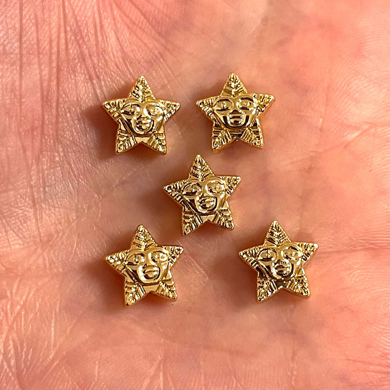 24Kt Gold Plated Star with Face Spacer Charms, 5 Pcs in a Pack