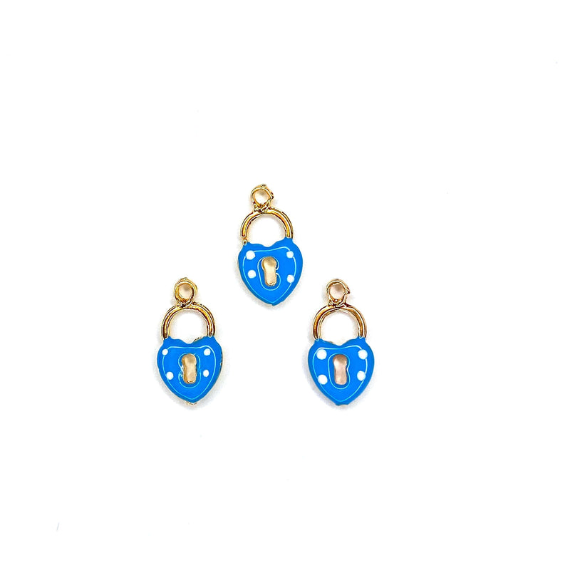 24Kt Shiny Gold Plated Blue Enamelled Heart Padlock Charms, 3 pcs in a pack