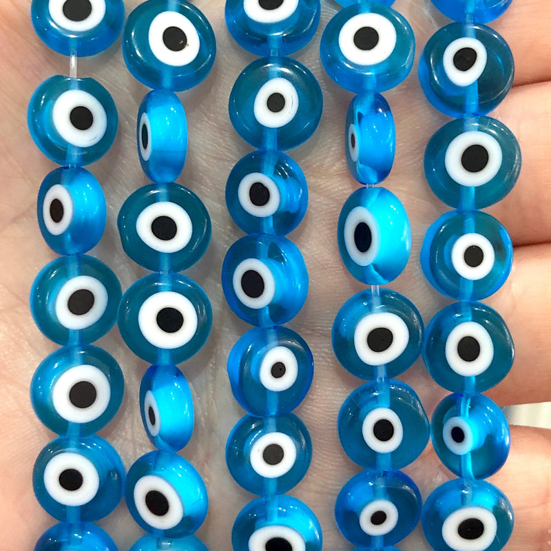 Evil Eye Beads, Strand of 38, Flat Round, 10mm Glass Beads, Lampwork Glass, Evil Eye Jewelry, Lampwork Beads, UK Beading Supply