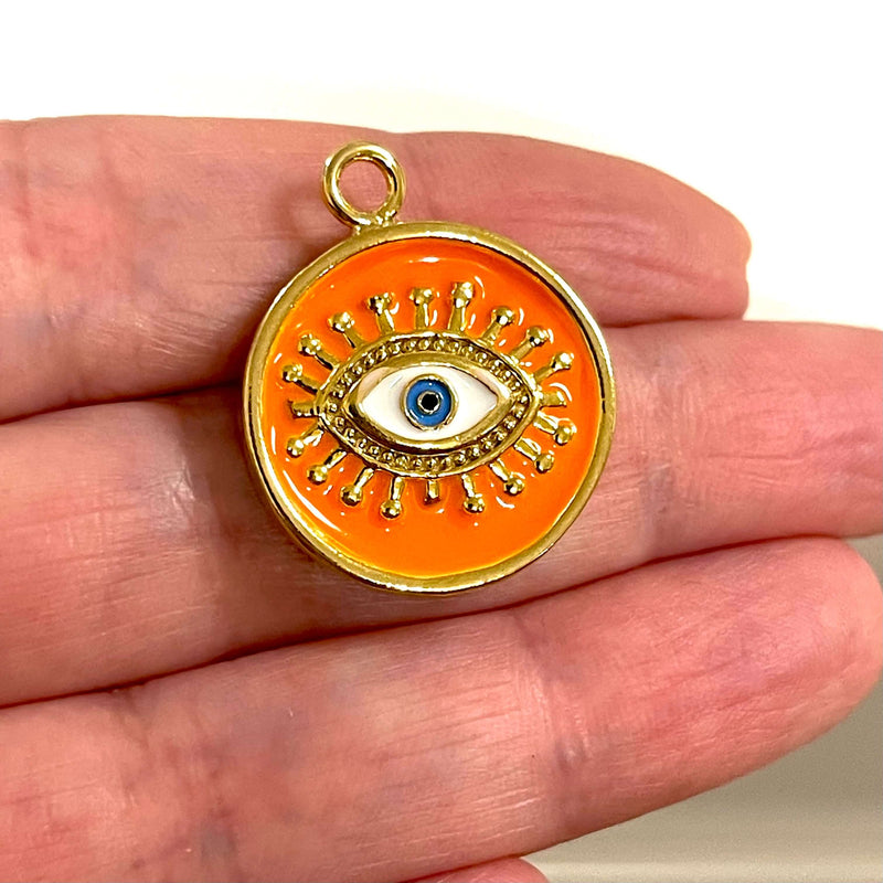 24Kt Gold Plated Orange Enamelled Evil Eye Pendant