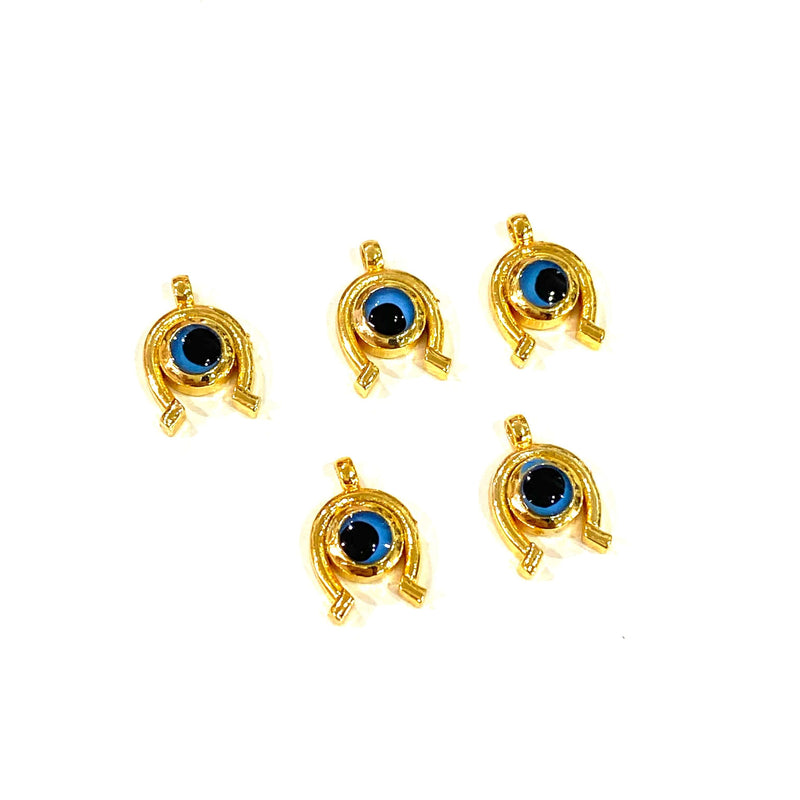 24Kt Shiny Gold Plated Horse Shoe Evil Eye Charms, 5 Pcs in a Pack