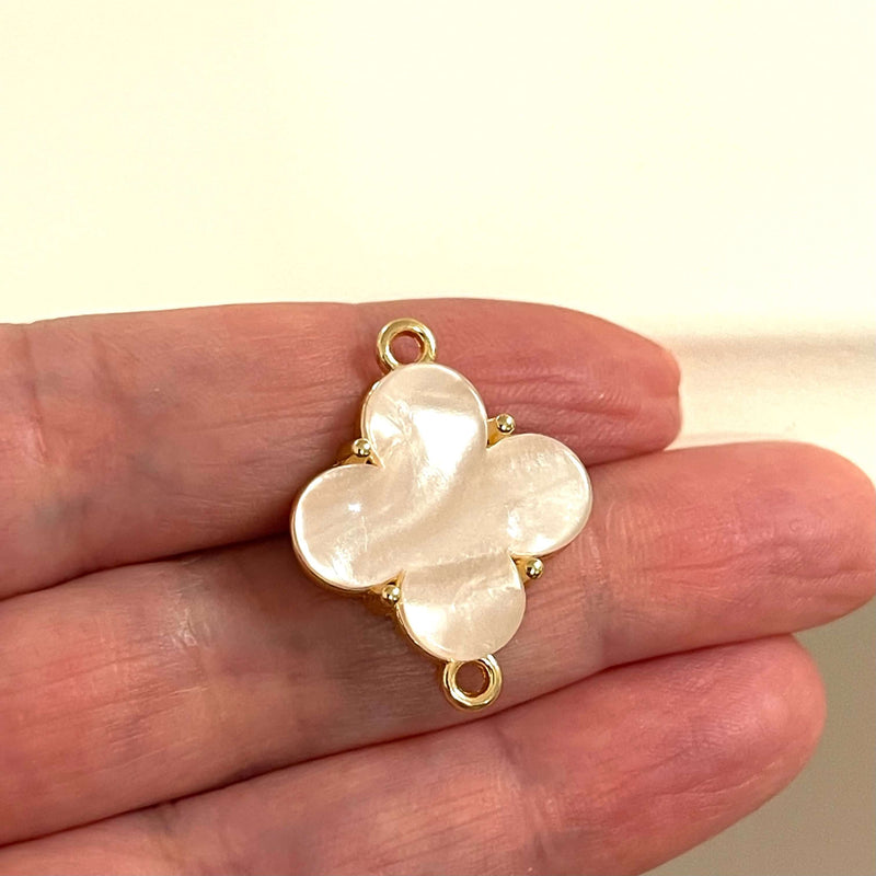 24Kt Gold Plated Brass&Hand Made Resin Ivory Clover Double Loop Connector Charm