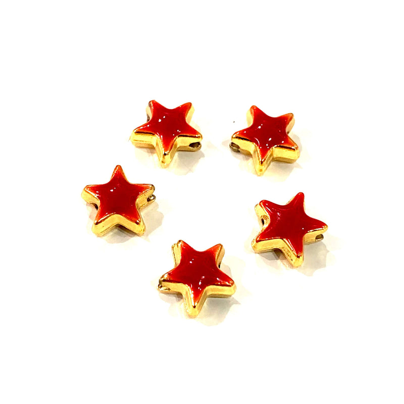 24Kt Shiny Gold Plated Red Enamelled Star Charms, 5 pcs in a pack