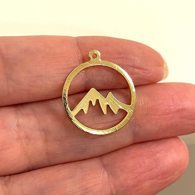 Mountain 24K Gold Plated Textured Brass Pendant, Mountain Patterned Gold Charm