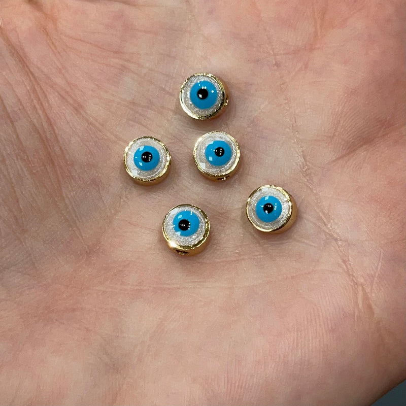 7mm 24K Gold Plated Evil Eye Beads, 7mm 24K Gold Plated Evil Eye Spacers, 5 Pcs in a Pack