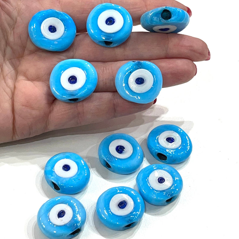 Traditional Turkish Artisan Handmade Glass Blue Evil Eye Beads, Large Hole Evil Eye Glass Beads, 10 Beads per pack