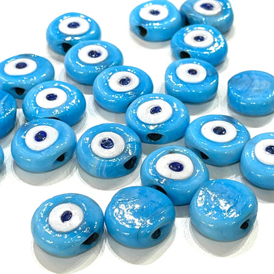 Traditional Turkish Artisan Handmade Glass Blue Evil Eye Beads, Large Hole Evil Eye Glass Beads, 10 Beads per pack