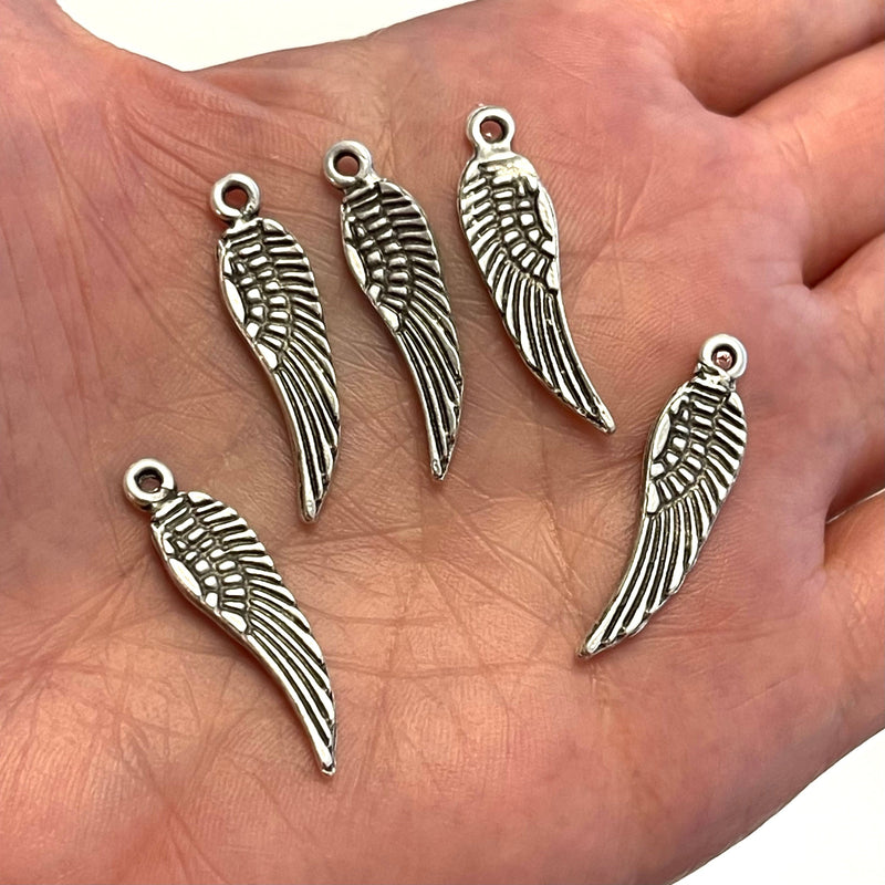 Antique Silver Plated Angel Wing 30mm Charms, 5 Pieces in a pack,