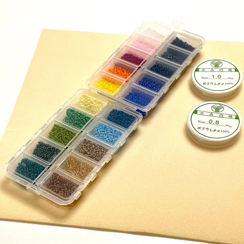 Preciosa Seed Beads Starter Set, 20 Colours 200 Gr 8/0 Round Seed Beads, Two Reels Elastic Cords,Container, Bead Mat