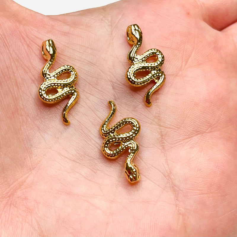 24Kt Shiny Gold Plated Brass Snake Charms, 3 Pcs in a pack