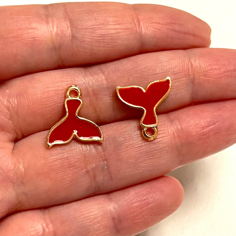 Rose Gold Plated Red Enamelled Whale Tail Charms, 2 pcs in a pack