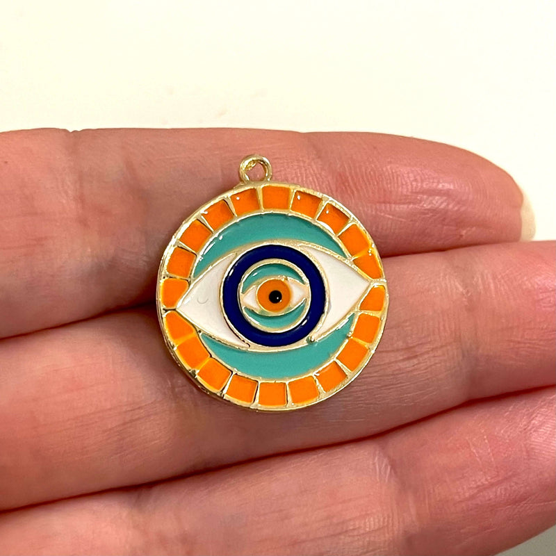 24Kt Gold Plated Orange Enamelled Brass Evil Eye Pendant