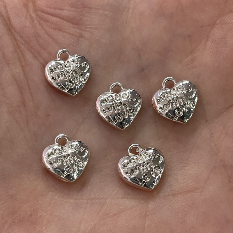 Made With Love Heart Charms, Silver Plated 10mm Made With Love Heart Charms, 10 pcs in a pack