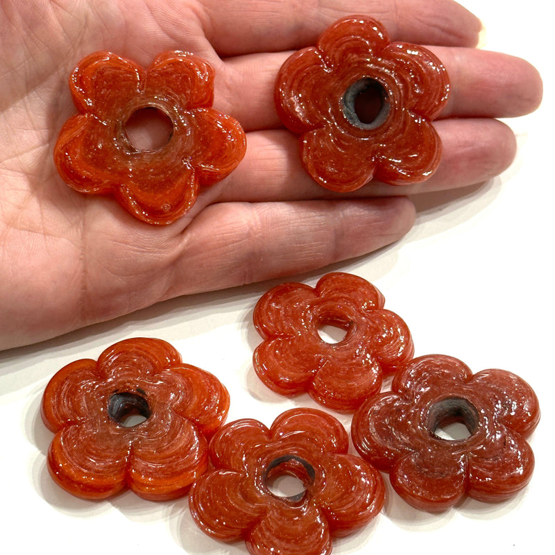 Artisan Handmade Chunky Ginger Glass Flower Beads, Size Between 35 - 40mm, 2 pcs in a pack