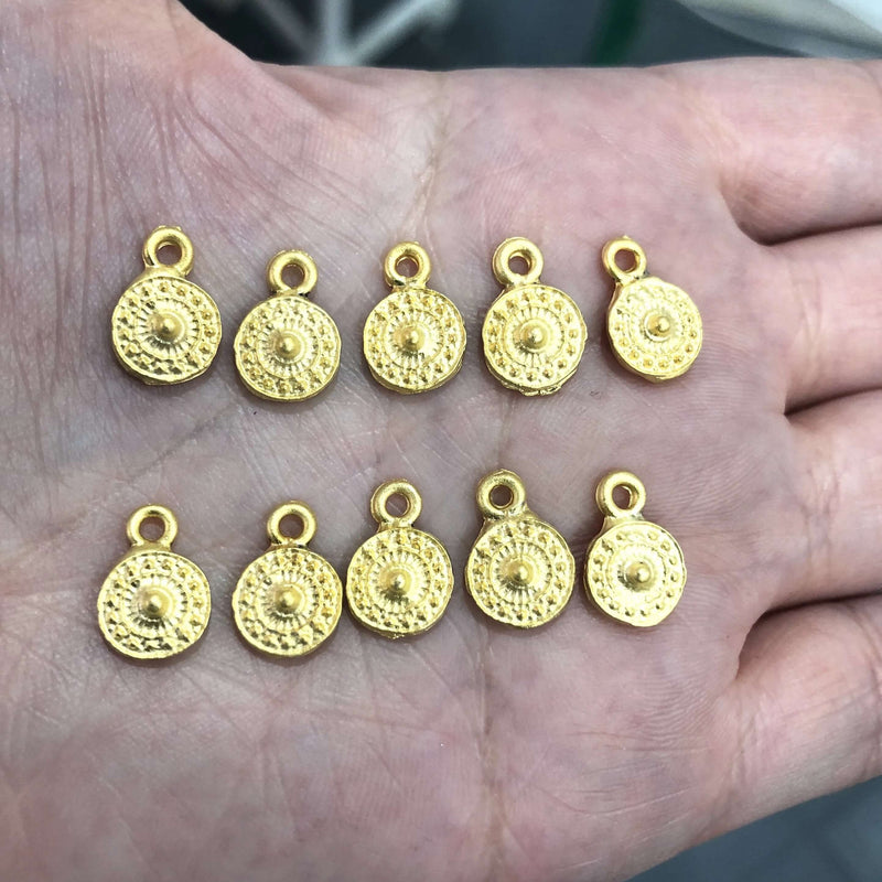 24Kt Matte Gold Plated Shield Charms, Gold Coin Charms, 10 pcs in a pack