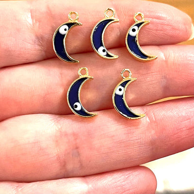 24Kt Gold Plated Brass Crescent Charms With Eye, Gold Plated Navy Blue Crescent Enamelled Charms, 5 pcs in a pack£2.5