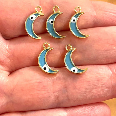 24Kt Gold Plated Brass Crescent Charms With Eye, Gold Plated Blue Crescent Enamelled Charms, 5 pcs in a pack£2.5