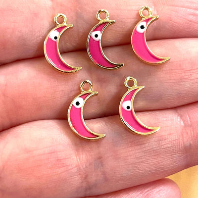 24Kt Gold Plated Brass Crescent Charms With Eye, Gold Plated Pink Crescent Enamelled Charms, 5 pcs in a pack£2.5