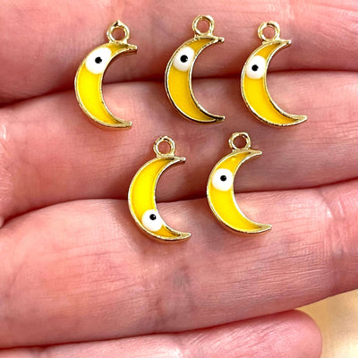 24Kt Gold Plated Brass Crescent Charms With Eye, Gold Plated Yellow Crescent Enamelled Charms, 5 pcs in a pack£2.5