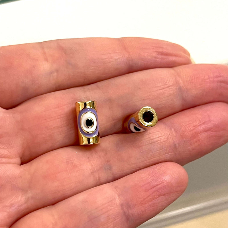 24Kt Gold Plated 12x6mm Evil Eye Lilac Enamelled Tube Spacers, 2 pcs in a pack£2.5