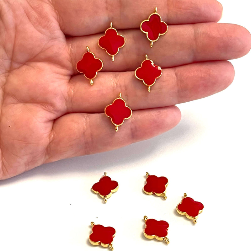 24Kt Gold Plated Red Enamelled Clover Connector Double Loop Charms, 5 pcs in a Pack