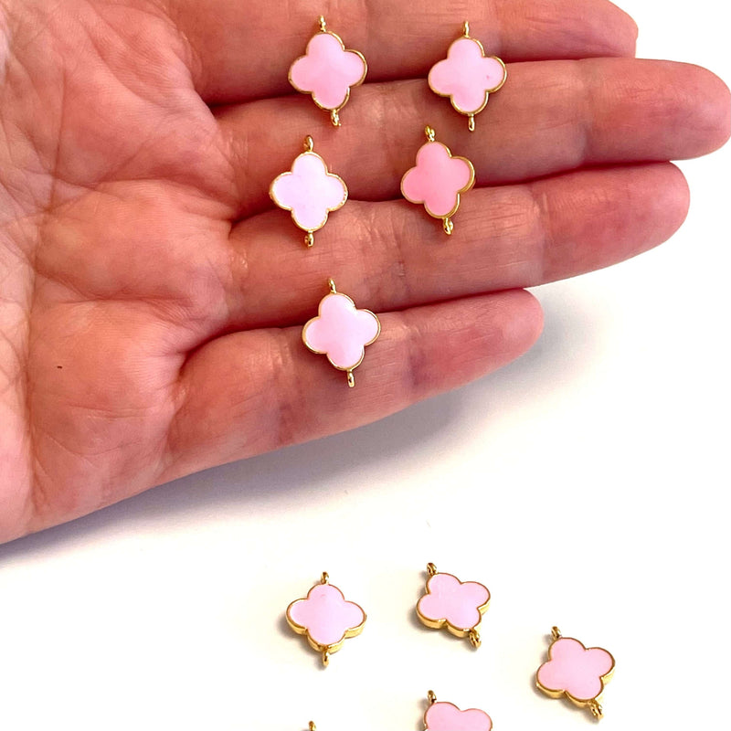 24Kt Gold Plated Pink Enamelled Clover Connector Double Loop Charms, 5 pcs in a Pack