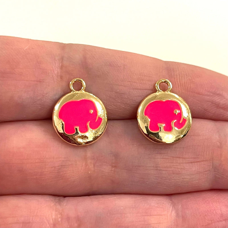 24Kt Gold Plated Brass Neon Pink Enamelled Elephant Charms, 2 pcs in a pack