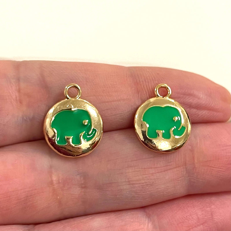 24Kt Gold Plated Brass Neon Green Enamelled Elephant Charms, 2 pcs in a pack