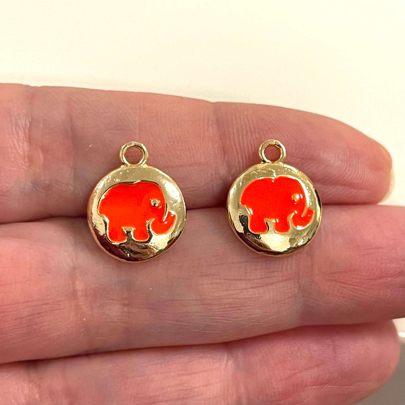 24Kt Gold Plated Brass Neon Orange Enamelled Elephant Charms, 2 pcs in a pack