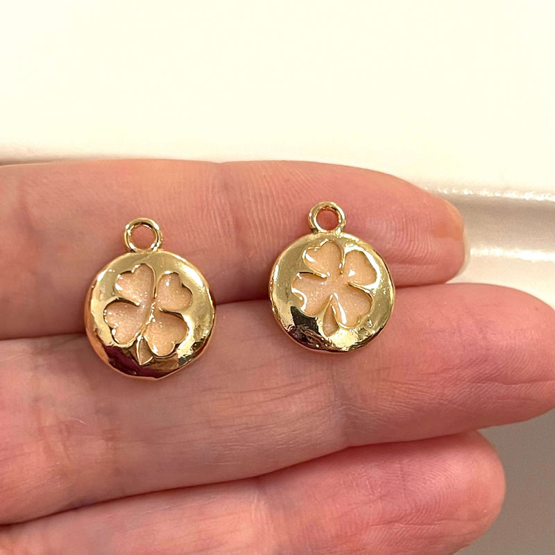 24Kt Gold Plated Brass Ivory Enamelled Clover Charms, 2 pcs in a pack