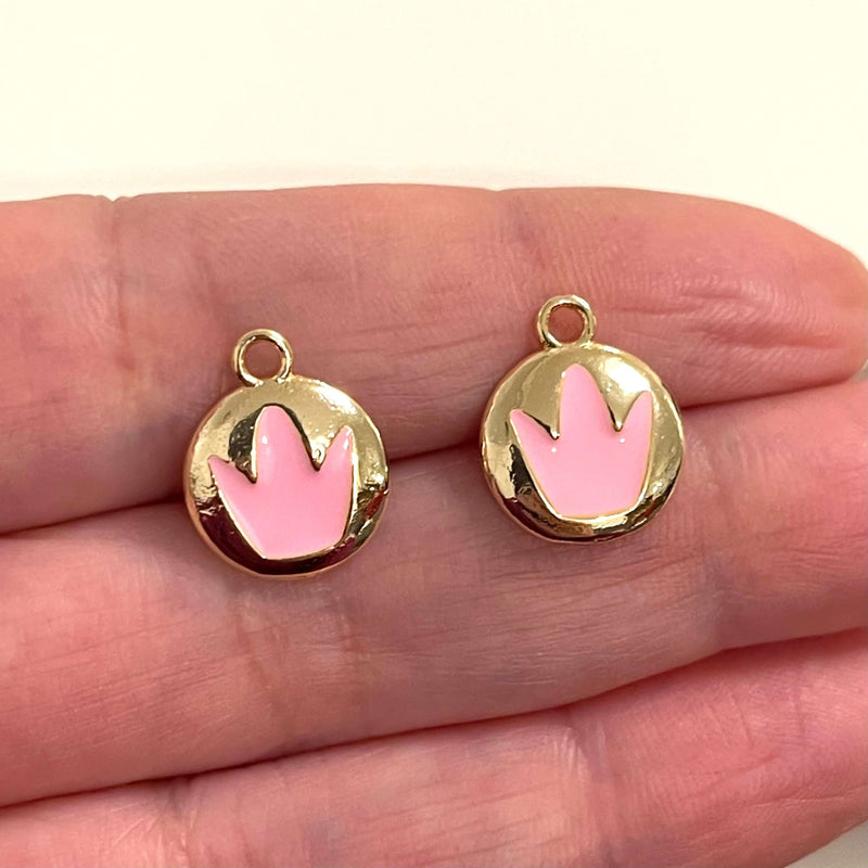 24Kt Gold Plated Brass Pink Enamelled Crown Charms, 2 pcs in a pack