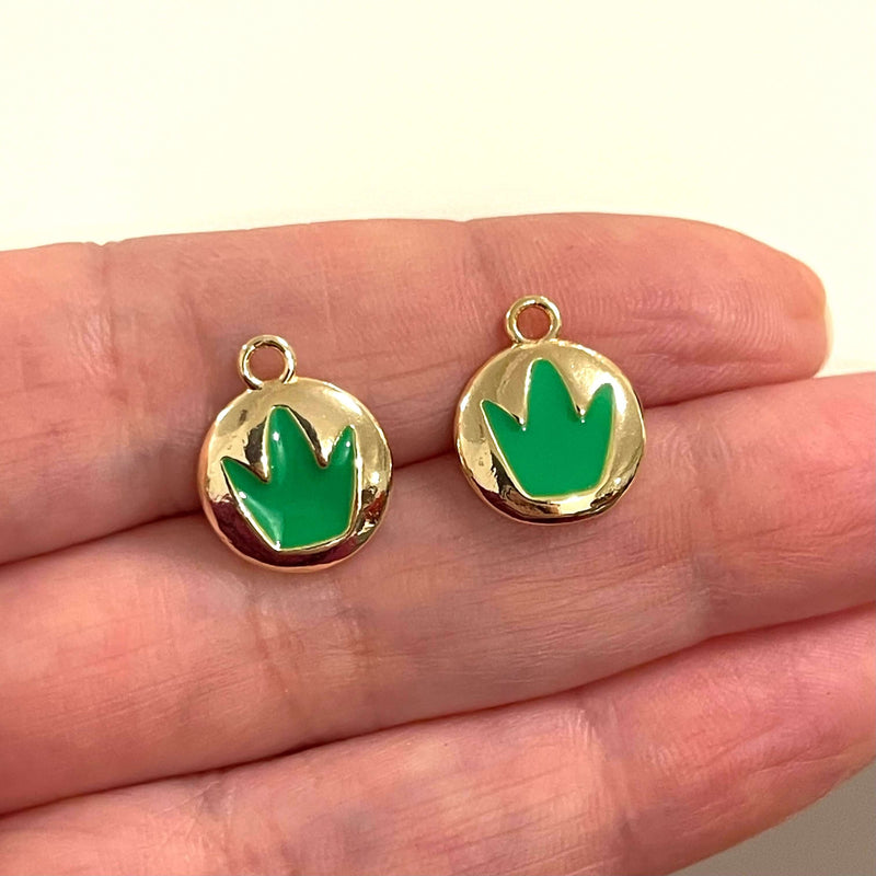 24Kt Gold Plated Brass Neon Green Enamelled Crown Charms, 2 pcs in a pack