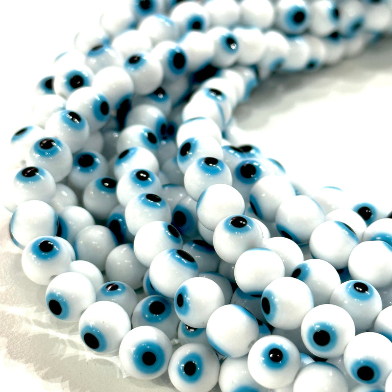 Evil Eye Beads, Strand of 48, Round Glass, 8mm Glass Beads,  Lampwork Glass, Evil Eye Jewelry, Lampwork Beads, UK Beading Supply