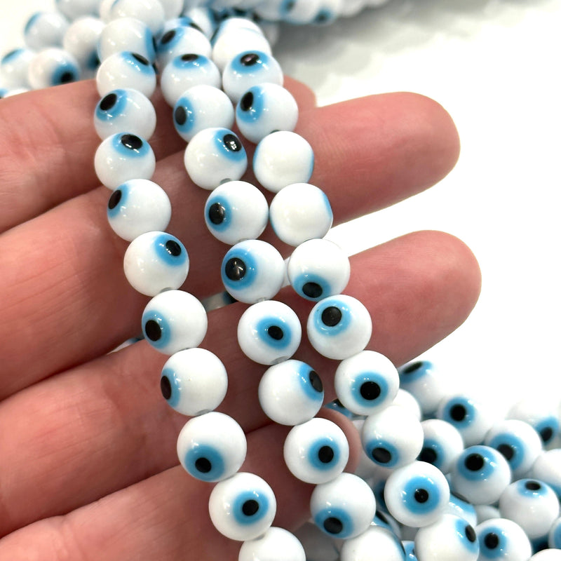 Evil Eye Beads, Strand of 48, Round Glass, 8mm Glass Beads,  Lampwork Glass, Evil Eye Jewelry, Lampwork Beads, UK Beading Supply