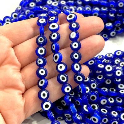 Evil Eye Beads, Strand of 48, Flat Round,8mm Glass Beads, Lampwork Glass, Evil Eye Jewelry, Lampwork Beads, UK Beading Supply