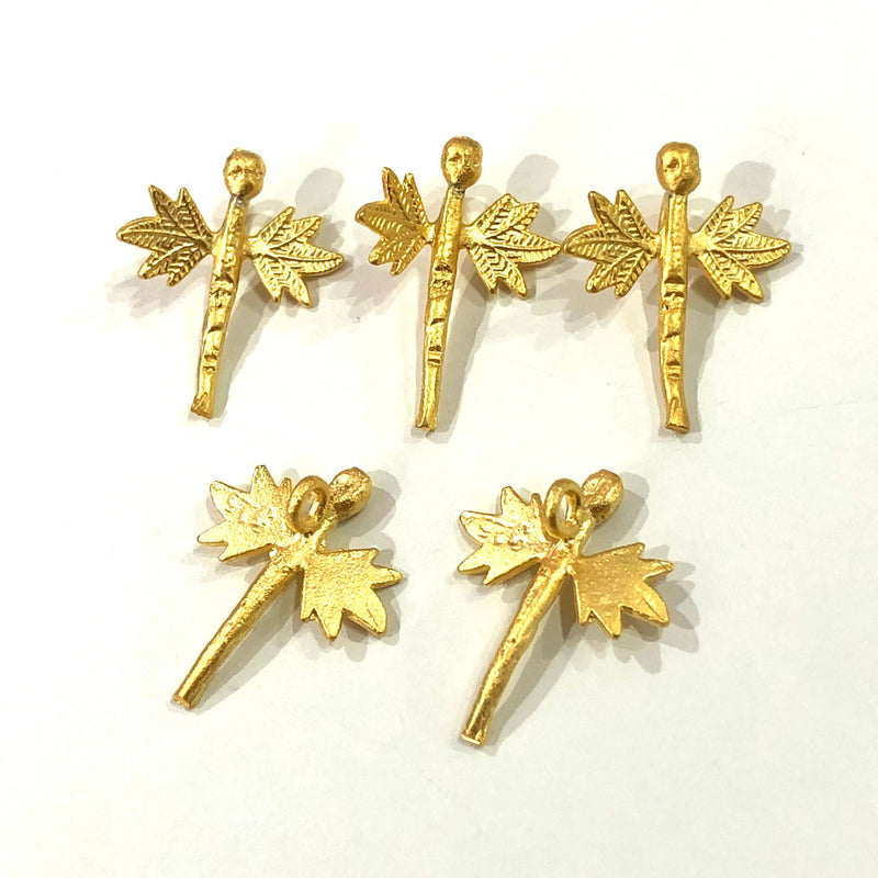 24Kt Matte Gold Plated 21mm Brass Dragonfly Charms,  5 pcs in a pack