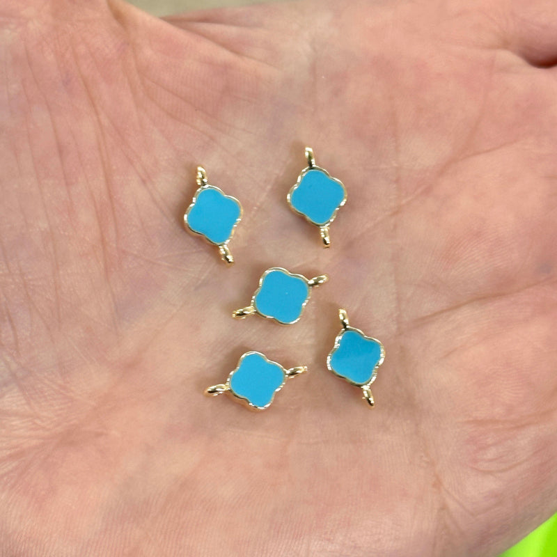 24Kt Shiny Gold Plated Sky Blue Enamelled Clover Connector Charms,