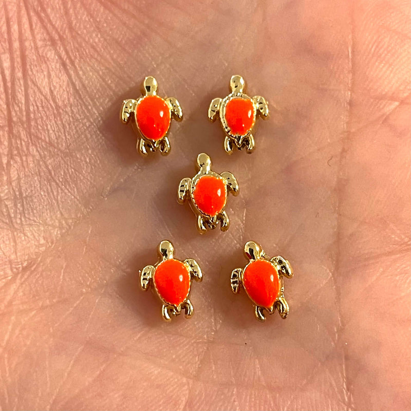 24Kt Gold Plated Neon Orange Enamelled Brass Turtle Spacer Charms, Gold Turtle Charms,