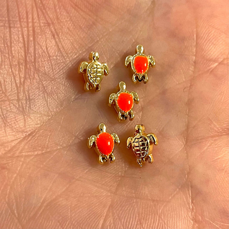 24Kt Gold Plated Neon Orange Enamelled Brass Turtle Spacer Charms, Gold Turtle Charms,