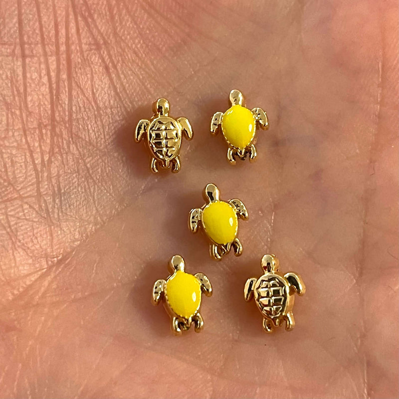 24Kt Gold Plated Neon Yellow Enamelled Brass Turtle Spacer Charms, Gold Turtle Charms,