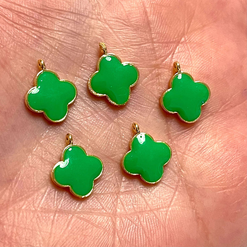 24Kt Gold Plated Neon Green Enamelled Clover Charms, 5 pcs in a Pack