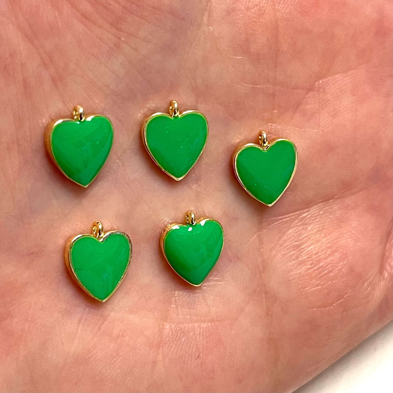 24Kt Gold Plated Neon Green Enamelled Heart Charms, 5 pcs in a Pack