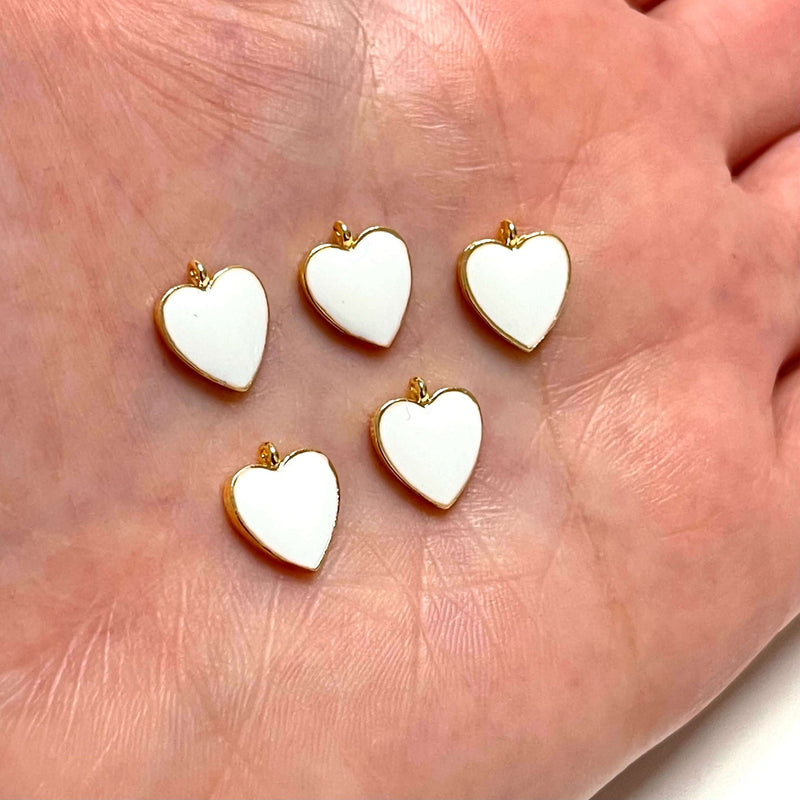 24Kt Gold Plated White Enamelled Heart Charms, 5 pcs in a Pack