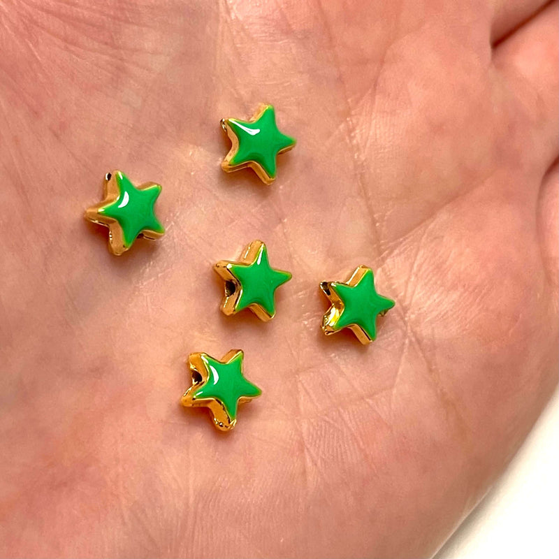 24Kt Shiny Gold Plated Neon Green Enamelled Star Spacer Charms, 5 pcs in a pack